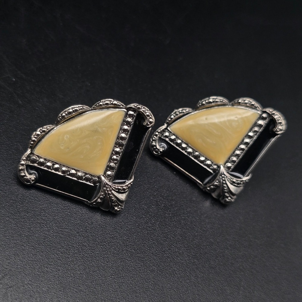 Avon Cream Enamel Fan Earrings Faux Marcasite 1980s Vintage